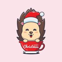 Cute hedgehog wearing santa hat in cup. Cute christmas cartoon illustration. vector