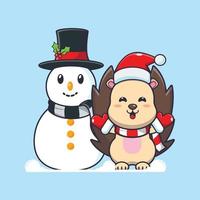 Cute hedgehog playing with Snowman. Cute christmas cartoon illustration. vector