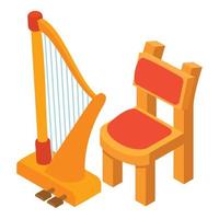 Classical harp icon isometric vector. Stringed musical instrument near chair