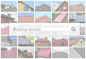 Visualization of the search bar on the background of a collage of many pictures with fragments of various types of roofing. Roofing services photo
