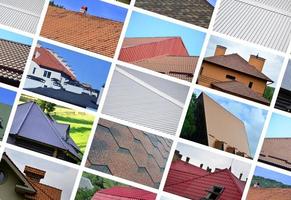 A collage of many pictures with fragments of various types of roofing. Set of images with roofs photo