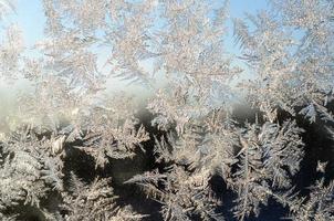 Snowflakes frost rime macro on window glass pane photo