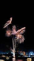 celebración de fuegos artificiales en el río en el cielo oscuro foto