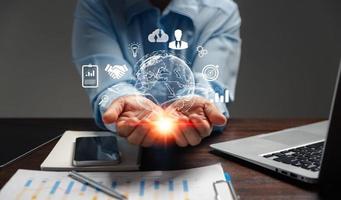 Business global internet connection application technology and digital marketing, Financial and banking, Digital link tech, big data. woman Hand holding virtual Global Internet connection metaverse. photo