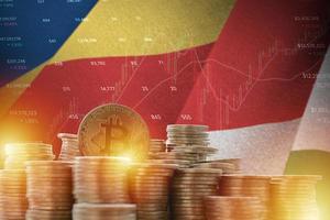 Seychelles flag and big amount of golden bitcoin coins and trading platform chart. Crypto currency photo