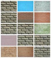 A collage of many pictures with fragments of brick walls of different colors close-up. Set of images with varieties of brickwork photo