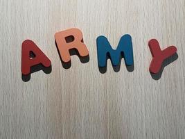 Photo of the alphabet on a wooden table that says ARMY.