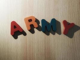 Photo of the alphabet on a wooden table that says ARMY.