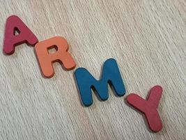 Photo of the alphabet on a wooden table that says ARMY.