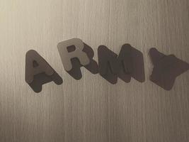Photo of the alphabet on a wooden table that says ARMY.