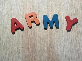 Photo of the alphabet on a wooden table that says ARMY.