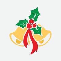 Golden Christmas bells with red bow and holly berry set. Christmas backround. Vector illustration