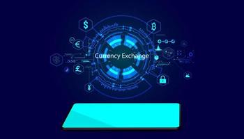 Abstract background digital online currency exchange infographic hud interface on circle background and phone on blue background vector