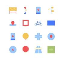 Set of highway and navigation icons, direction, barrier, bicycle, signboard, location, way, viaduct and flat line variety vectors. vector