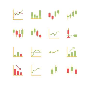 conjunto de iconos de finanzas y marketing, gráfico, mercado, estadística, gráfico, diagrama, cuadrícula, barra, flecha y vectores de variedad de línea plana.