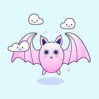 Vector kawaii bat. Cute smiling Halloween character with wings and clouds.