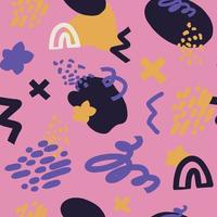 Trendy Y2K abstract vector seamless pattern. Hand drawn various shapes and doodles on on purple background.