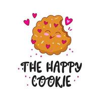 The Happy Cookie. Hand drawn lettering text with Cute happy funny chocolate cookie. vector