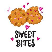 Sweet bites. Hand drawn lettering text with Cute happy funny chocolate cookies. vector