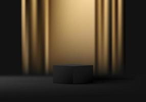 3D realistic black podium platform pedestal cube shape with gold curtain backdrop on dark background luxury style vector