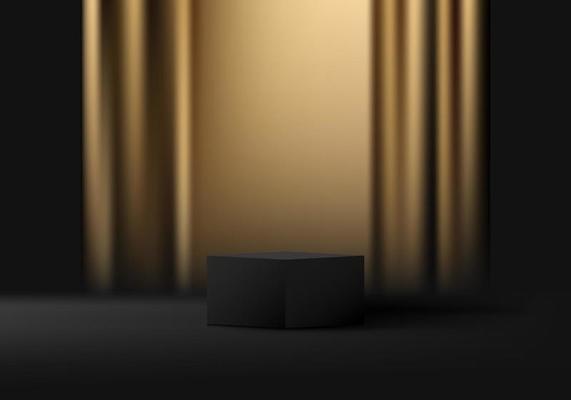 3D realistic black podium platform pedestal cube shape with gold curtain backdrop on dark background luxury style