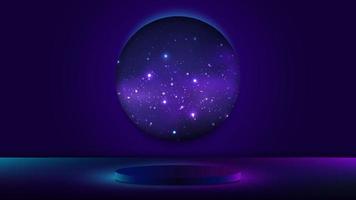 3D realistic empty podium pedestal neon lights colors with world circle blue night space cosmos vector