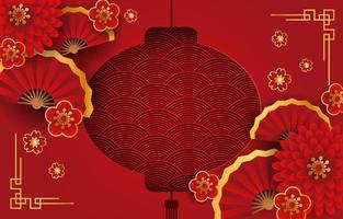 Chinese New Year Background Design with Flowers and Paper Fan on Red Texture vector