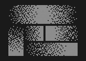 Pixel disintegration background. Halftone fragment. Dispersed dotted pattern. Concept of disintegration. Square pixel mosaic textures with square particles. Vector illustration on black background
