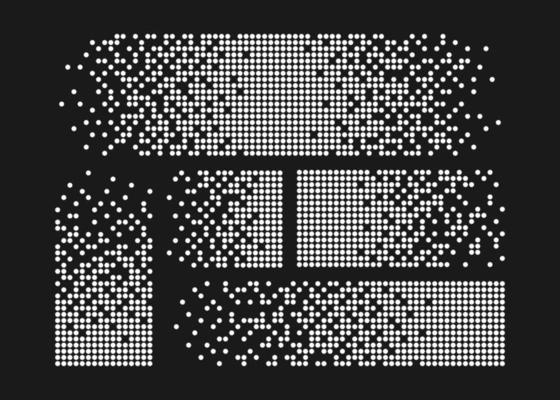 Pixel disintegration background. Halftone fragment. Dispersed dotted pattern. Concept of disintegration. Square pixel mosaic textures with square particles. Vector illustration on black background