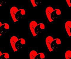 Cute black cats faces with red hearts.  Funny seamless pattern vector