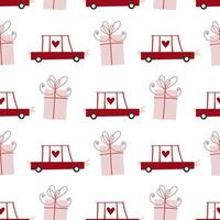 Romantic pattern. Pink gift box, cute red car and hearts. Holiday seamless pattern. vector