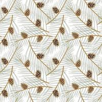 Graceful pine twigs with beautiful cones. Winter floral seamless pattern. Forest nature background. Whimsical festival foliage background. Vintage Christmas and Happy New Year flat seamless pattern vector