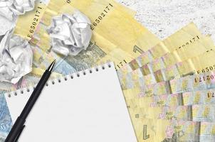 1 Ukrainian hryvnia bills and balls of crumpled paper with blank notepad. Bad ideas or less of inspiration concept. Searching ideas for investment photo