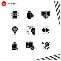 Pictogram Set of 9 Simple Solid Glyphs of brain light remove bulb id Editable Vector Design Elements