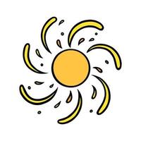 Handdrawn yellow sun. Colorful shining sun with swirling beams in doodle style. Black and white vector illustration