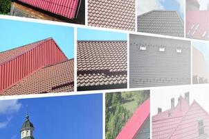 A collage of many pictures with fragments of various types of roofing. Set of images with roofs photo