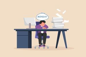 Picture of someone who is stressed with piles of work to be done. simple design, full color design, simple line. vector