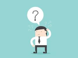 Businessman don't understand with question mark in speech bubble sign. Concept of bad communicate, office problem, talking confused, explain not clear. cartoon illustration. vector