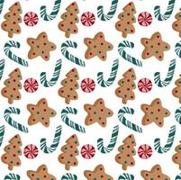 Pattern Christmas with gingerbread in the form of a Christmas tree and a star with sprinkles, lollipops and candy cane on a white background.
