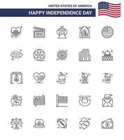 Modern Set of 25 Lines and symbols on USA Independence Day such as american landmark barbeque gate arch Editable USA Day Vector Design Elements