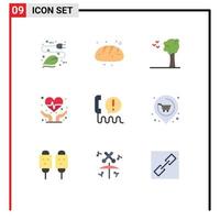 Mobile Interface Flat Color Set of 9 Pictograms of center call food heart health cardiogram Editable Vector Design Elements