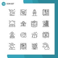 Vector Pack of 16 Outline Symbols. Line Style Icon Set on White Background for Web and Mobile.