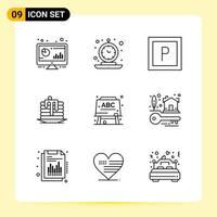 9 Creative Icons for Modern website design and responsive mobile apps. 9 Outline Symbols Signs on White Background. 9 Icon Pack. vector