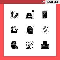 Set of 9 Vector Solid Glyphs on Grid for animal heart media muscle mobile Editable Vector Design Elements