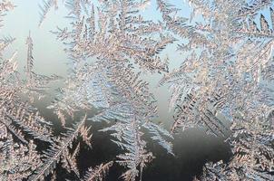 Snowflakes frost rime macro on window glass pane photo