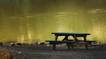 Wooden Seat Near the Green Lake