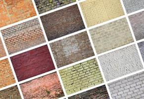 A collage of many pictures with fragments of brick walls of different colors close-up. Set of images with varieties of brickwork photo