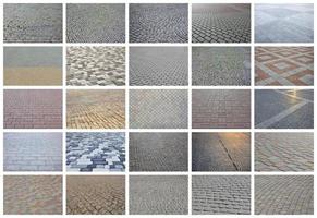 un collage de muchas imágenes con fragmentos de primeros planos de baldosas. conjunto de imágenes con pavimento de piedra foto