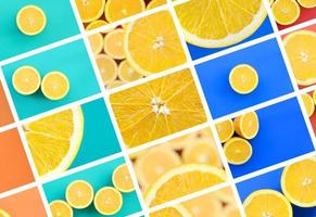 A collage of many pictures with juicy oranges. Set of images with fruits on backgrounds of different colors photo