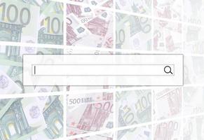 The search string is located on top of collage of many images of hundreds of dollars and euro bills lying in a pile photo